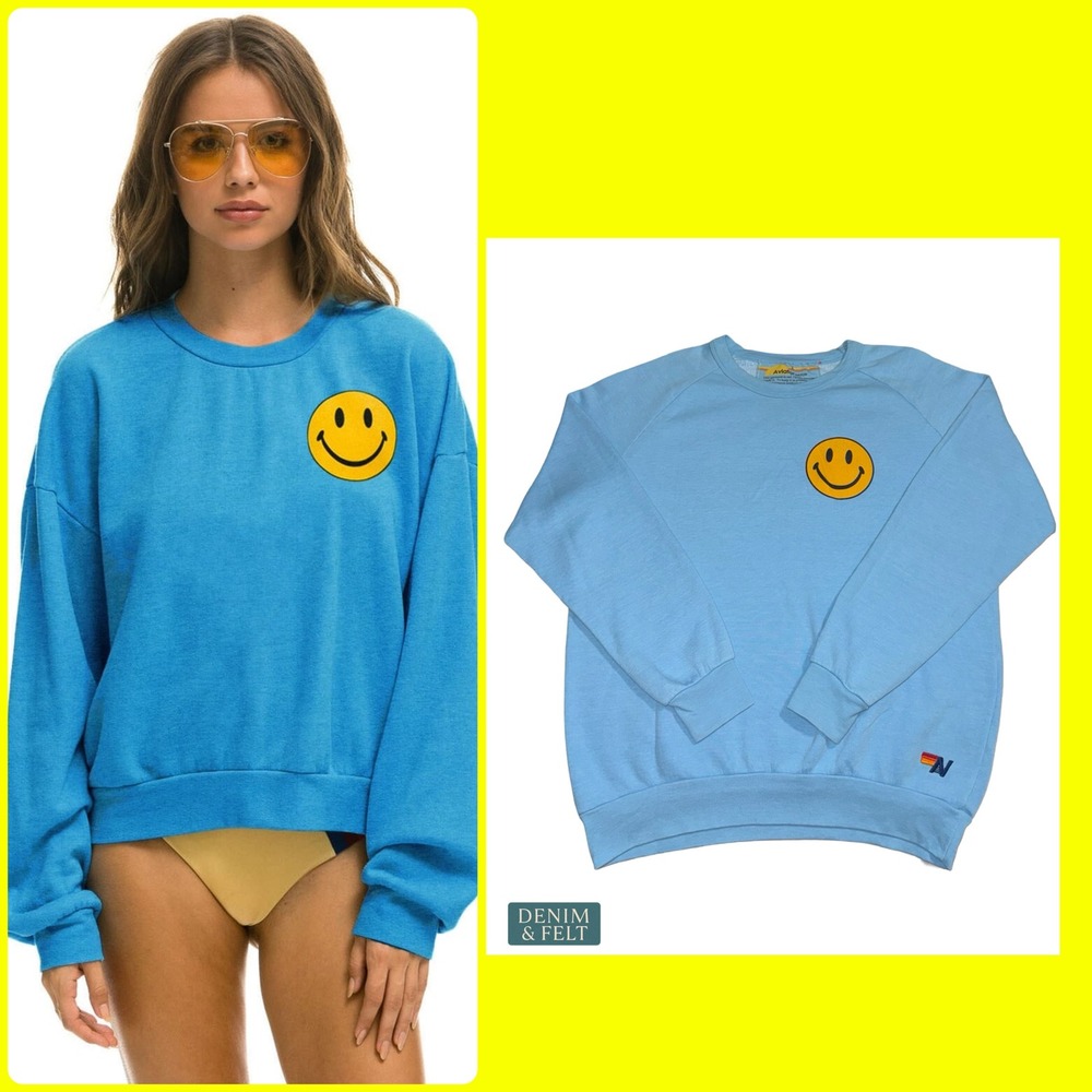 Aviator Nation Sky Blue Smiley Relaxed Sweatshirt Retro Coastal‎ Pullover Large